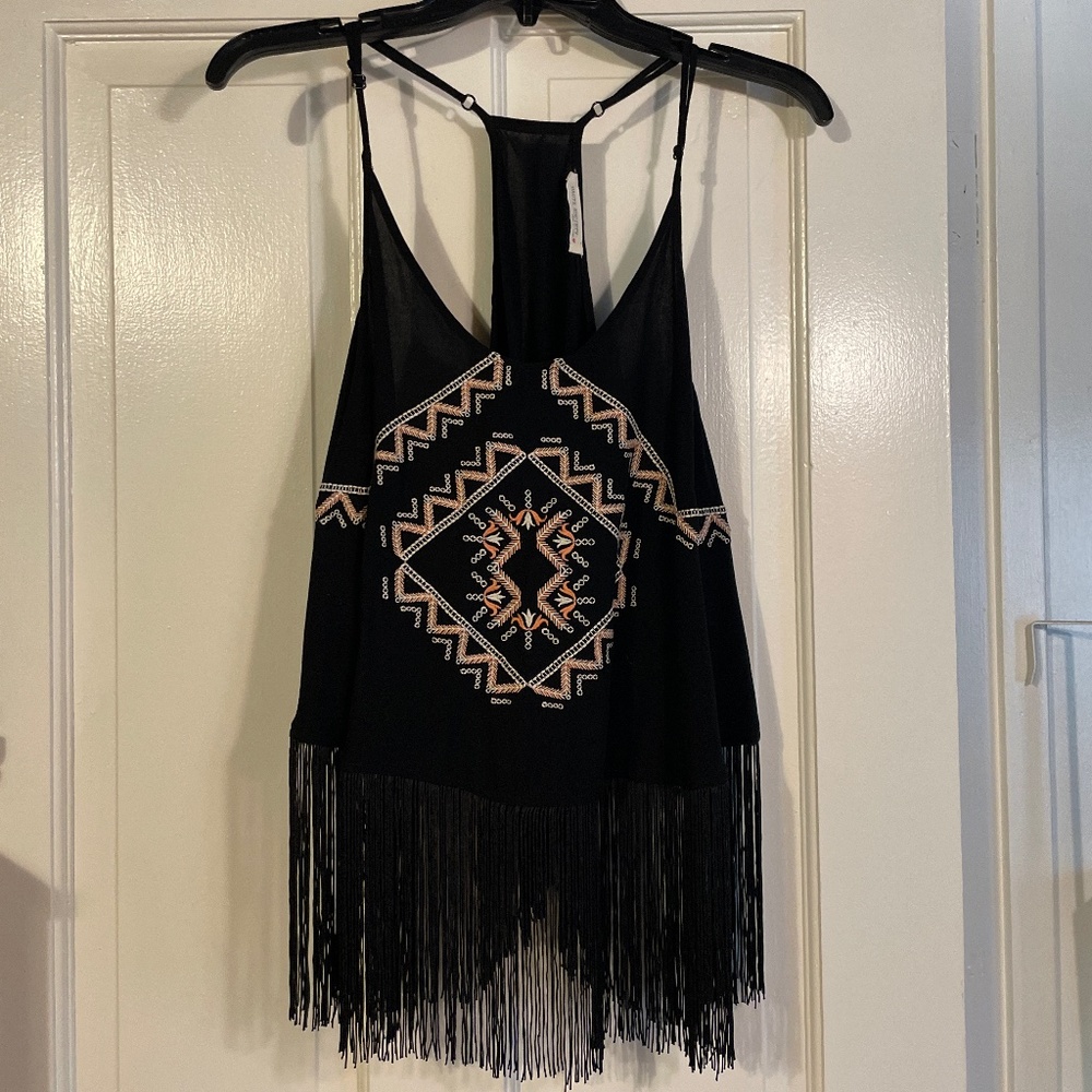 Haute Society Women’s Black Fringe Embroidered Aztec Tank Top Large L
